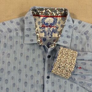Robert Graham Flip Cuff Skull AOP Shirt Men 2XL Blue Classic Fit Designer NWOT